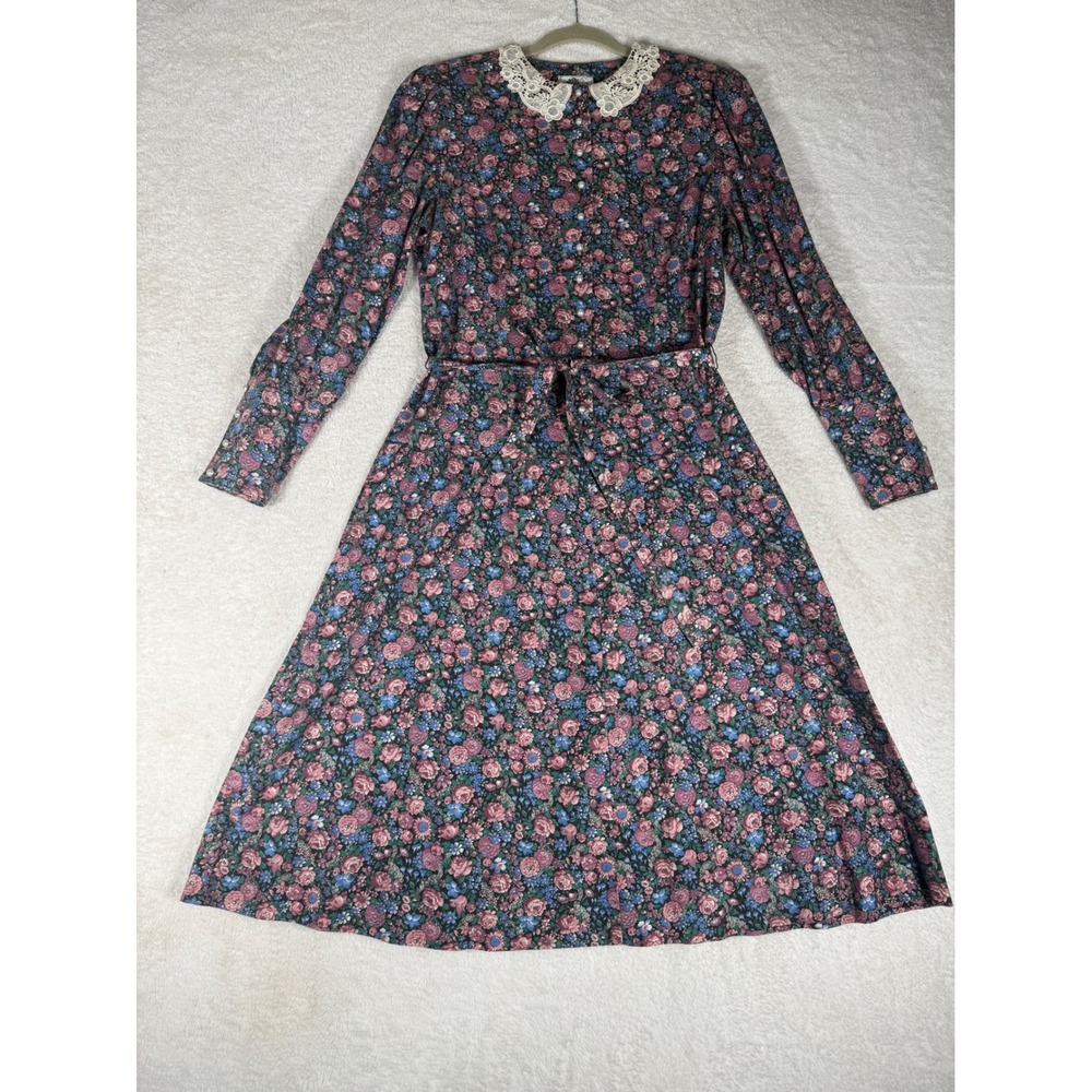 Lanz Originals Dress Womens 14 Floral Multi Vintage Lace Collar Prairie USA